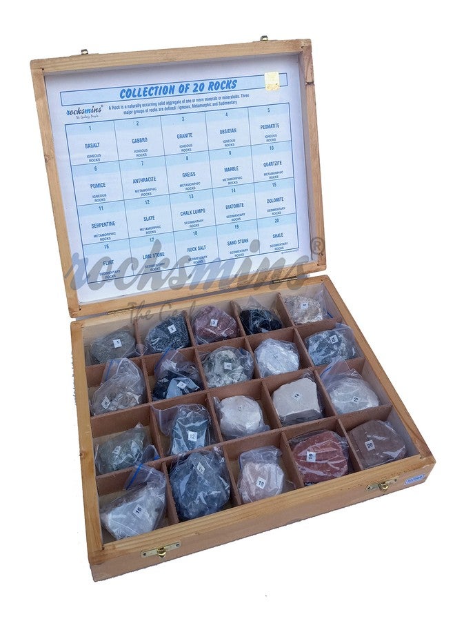 Rocksmins Collection of 20 Rocks in Wooden Box RO20WB-SC with 20 Big Specimen Set of Rock Igneous Sedimentary Metamorphic Rock Mineral Collection Geology Kits ideal for Study of Earth Stone - Image 4